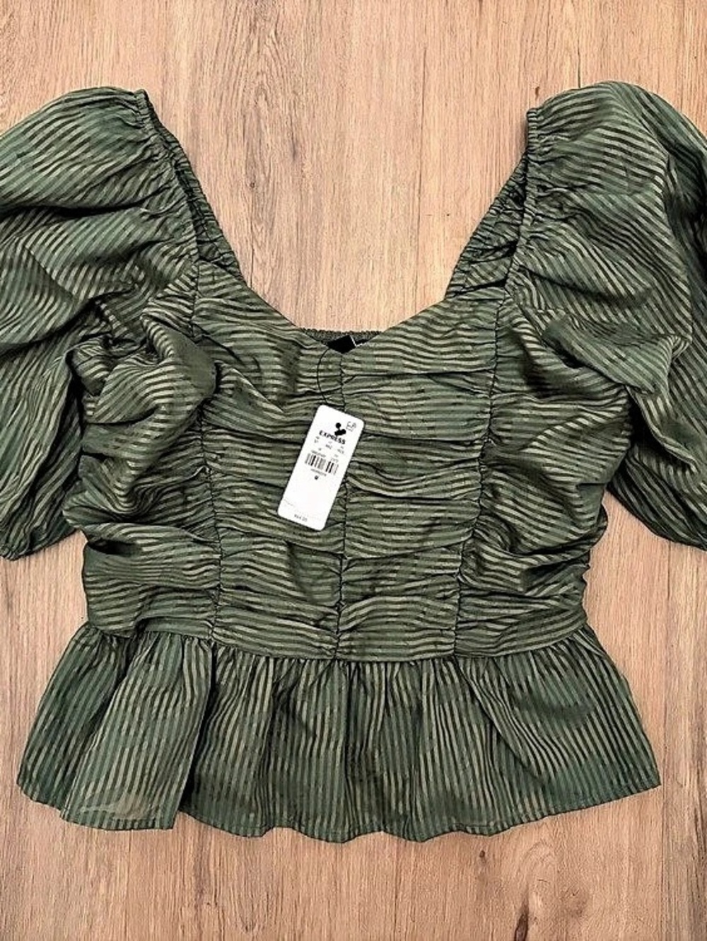 Express Striped Floral Puff Sleeve Ruched Peplum Top Green Striped Puff Sleeve